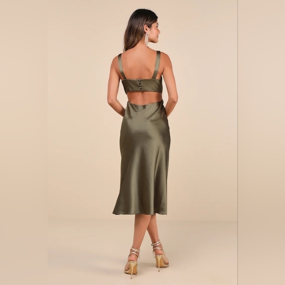 Lulus Unmatched Elegance Olive Satin Sleeveless Midi Dress Wedding Party Prom - Picture 5 of 9